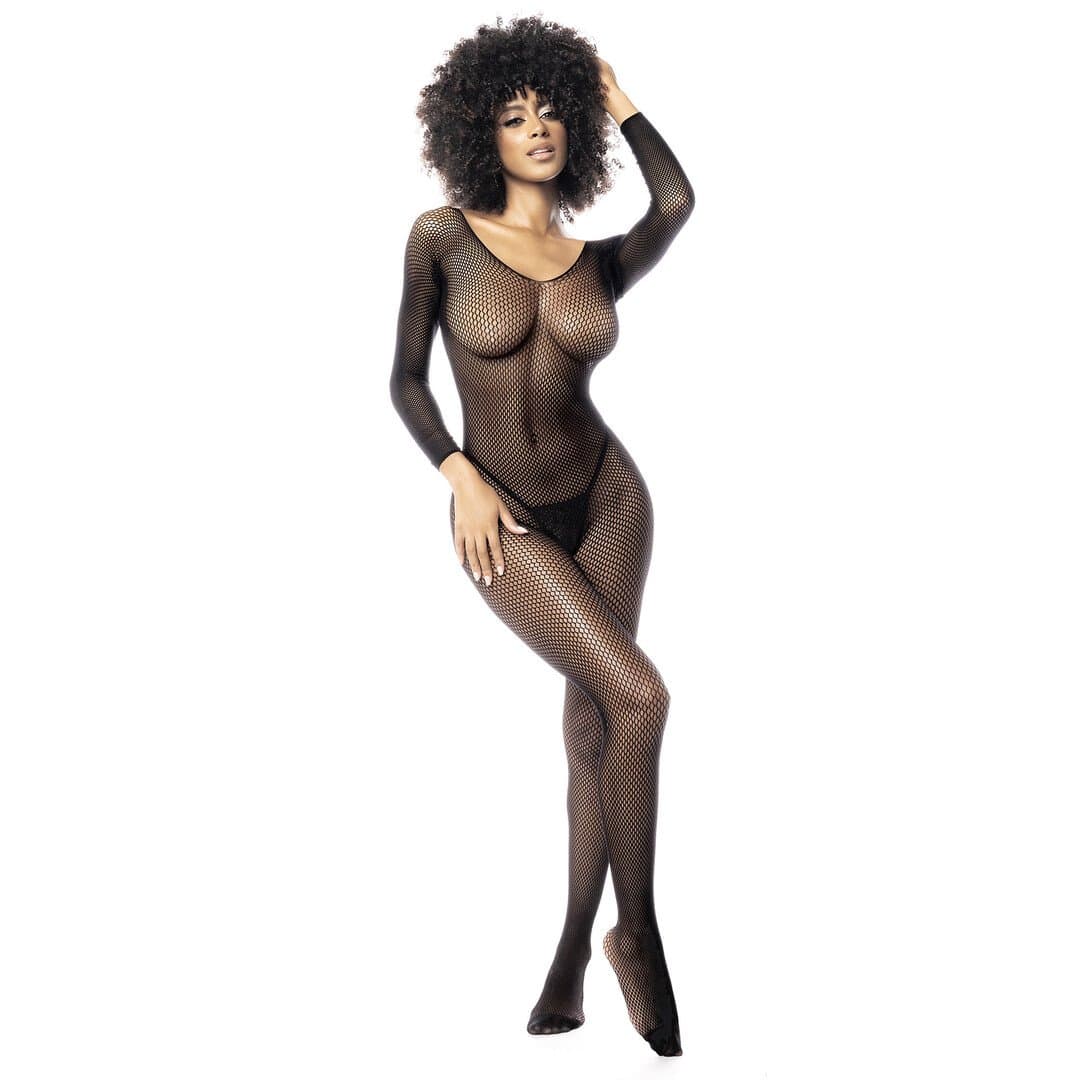 Long Sleeved Fishnet Bodystocking - One Size - Black
