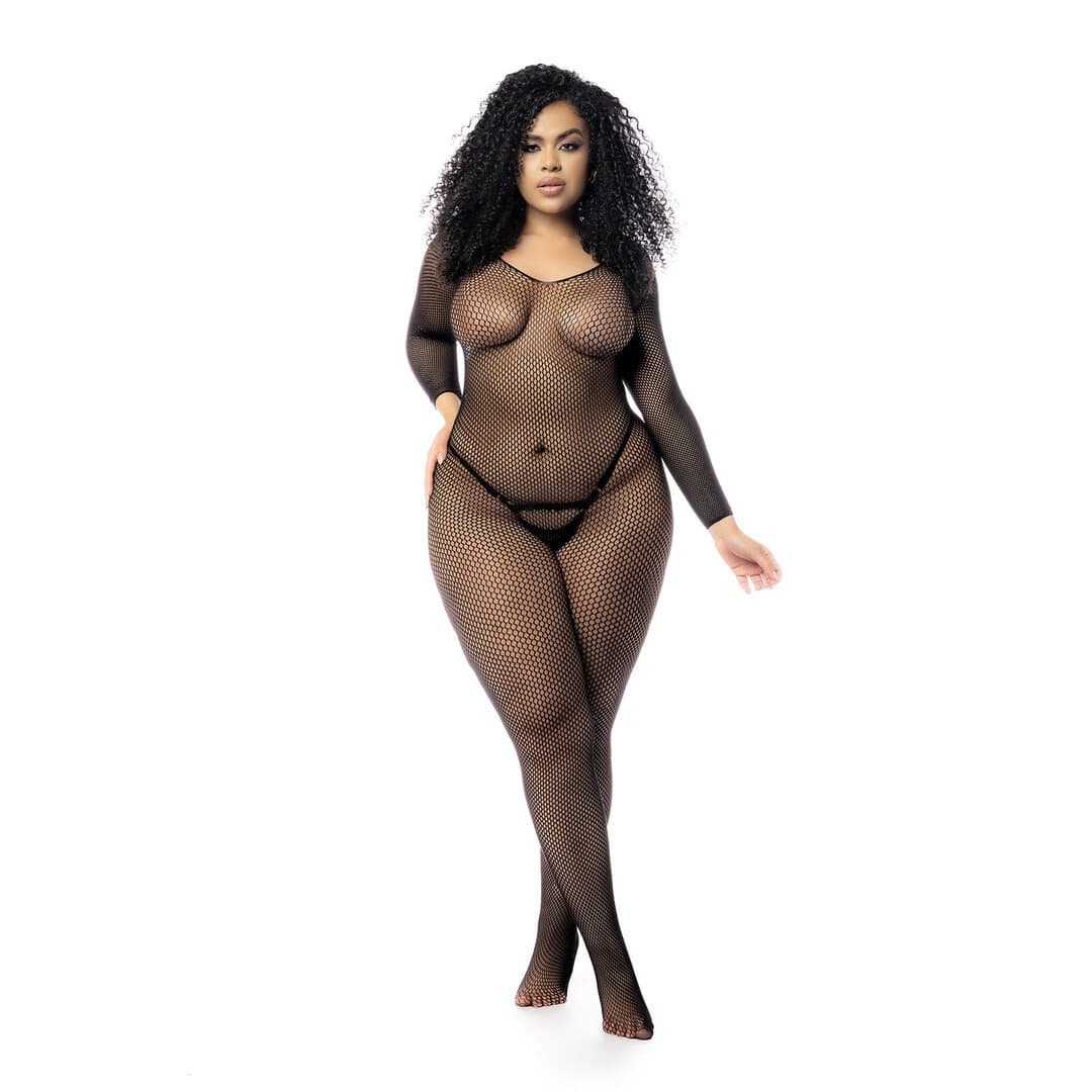 Long Sleeved Fishnet Bodystocking - Queen Size - Black