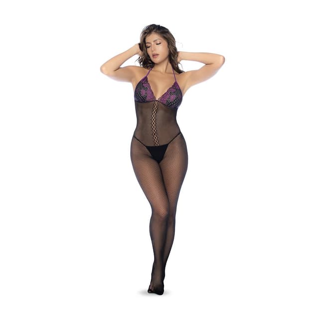 Fishnet and Lace Bodystocking Set - One Size - Black/Purple