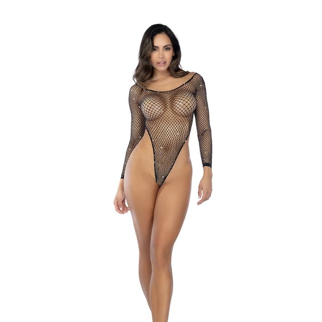Long Sleeve Fishnet Rhinestone Bodysuit - One Size - Black/Rhinestone