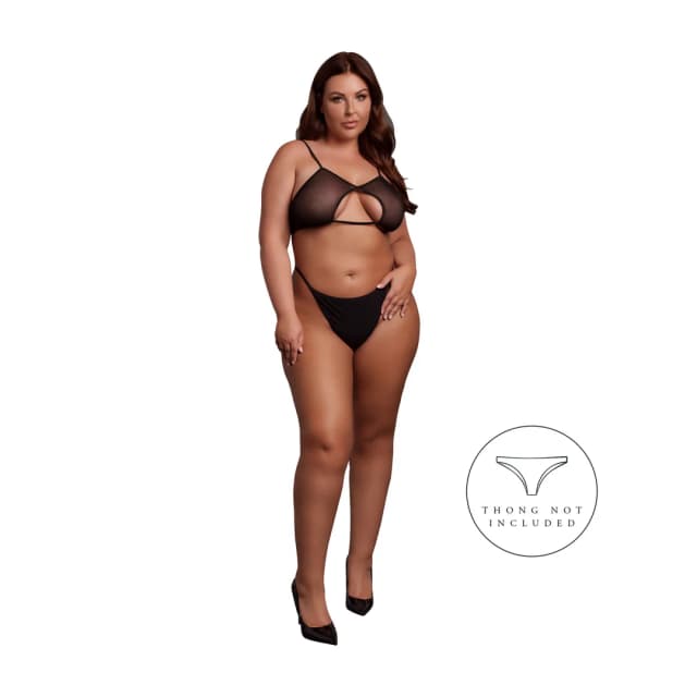Keyhole Mesh Bra with Double Back Straps and Adjustable Sliders - Queen Size - Black