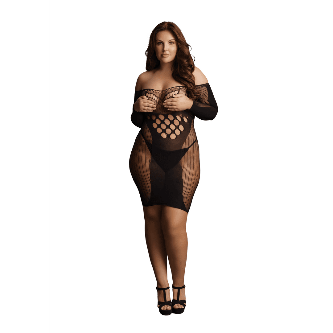Contrast Net Long Sleeved Mini Dress - Queen Size - Black