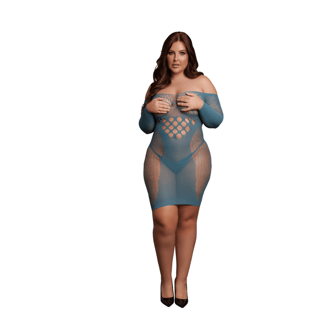 Long-Sleeved Net Mini Dress - Queen Size - Blue