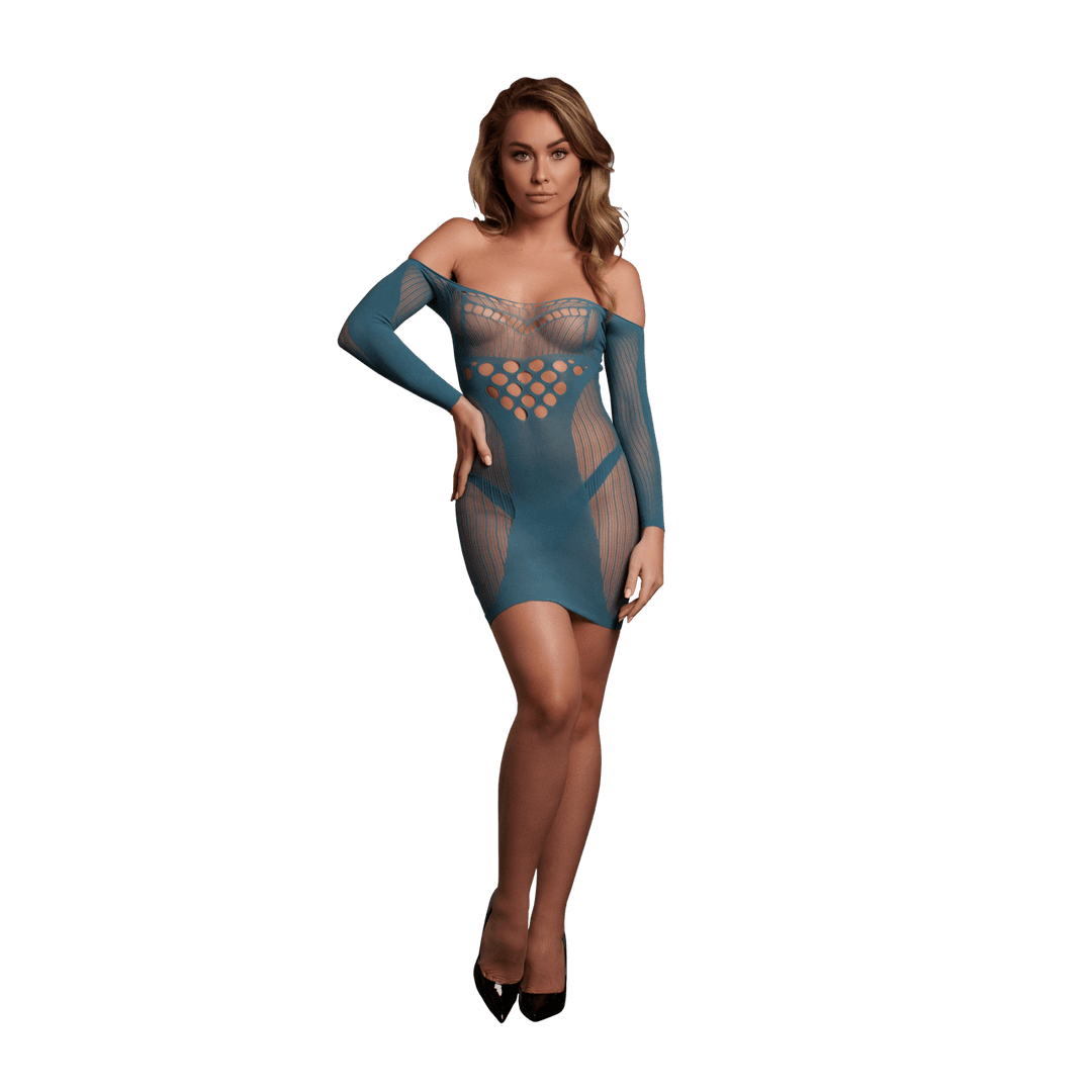 Long-Sleeved Net Mini Dress - One Size - Blue