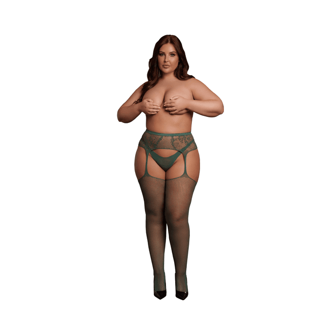 Fishnet and Lace Garterbelt Stockings - Queen Size - Green