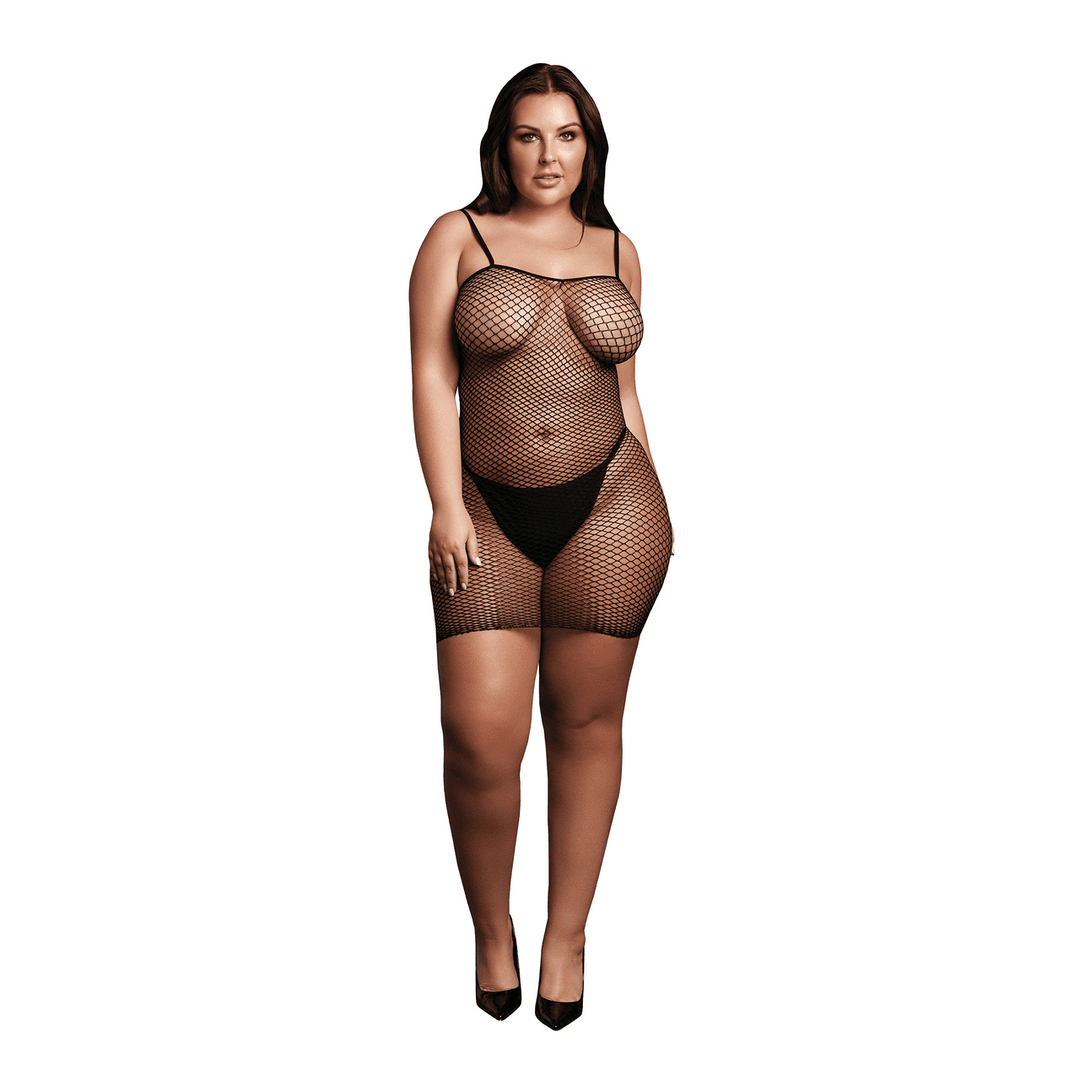 Short Dress Fishnet and Spaghetti Straps - Queen Size - Black