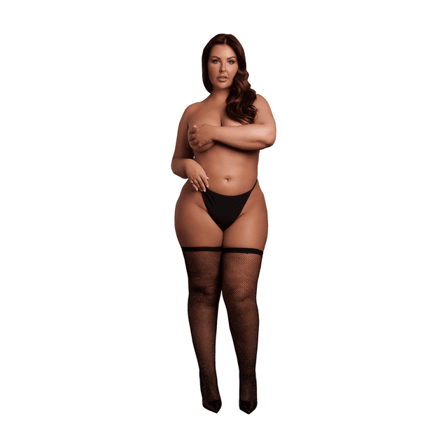 Shimmering Thigh High Stockings - Queen Size - Black/Gold Glitter