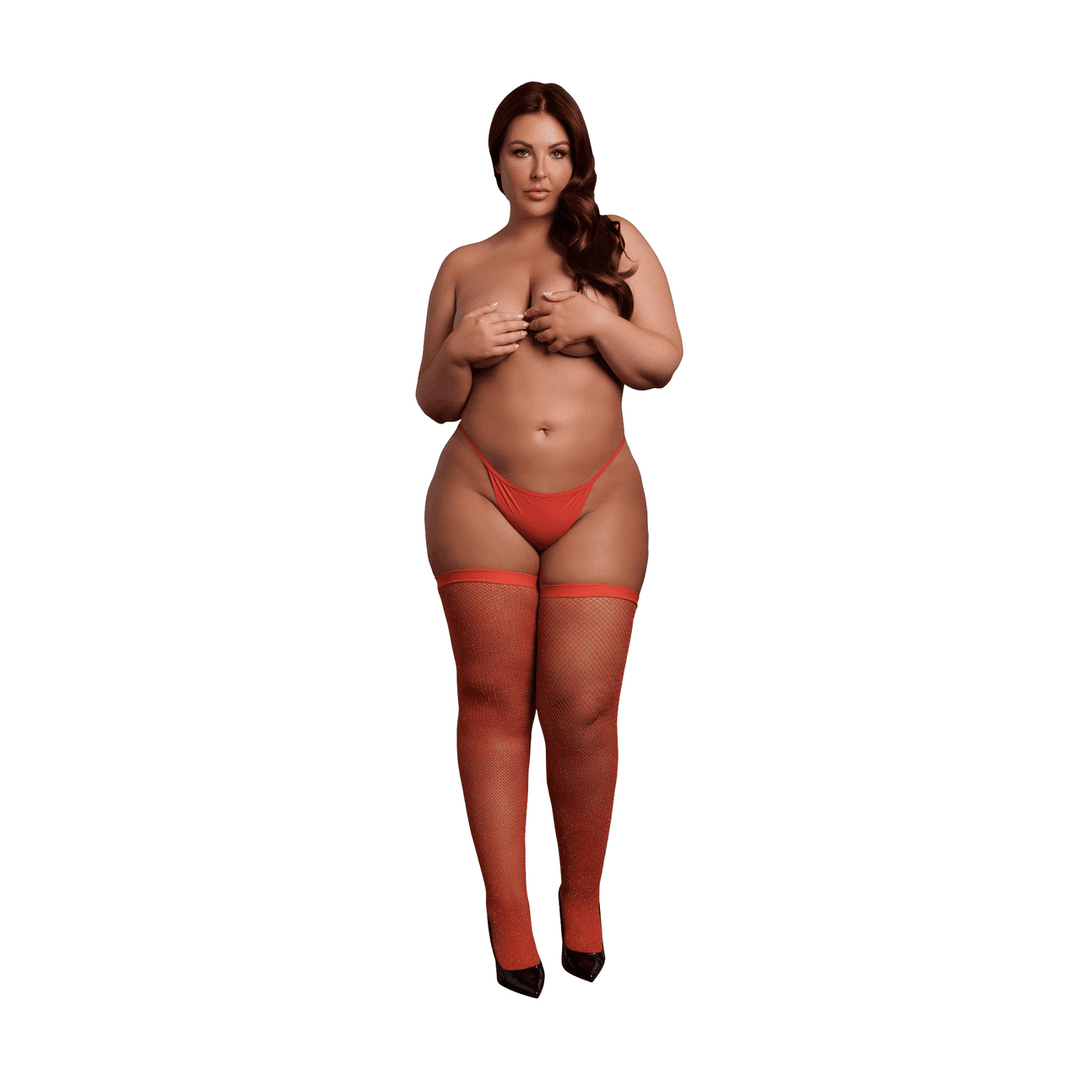 Shimmering Thigh High Stockings - Queen Size - Red/Gold Glitter