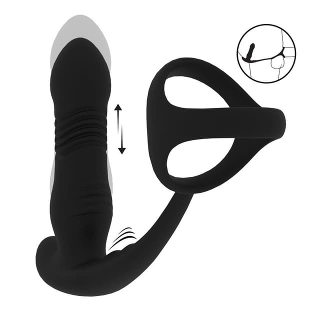 Vibrating and Thrusting Silicone Prostate Massager with Tri O Cockring - Black