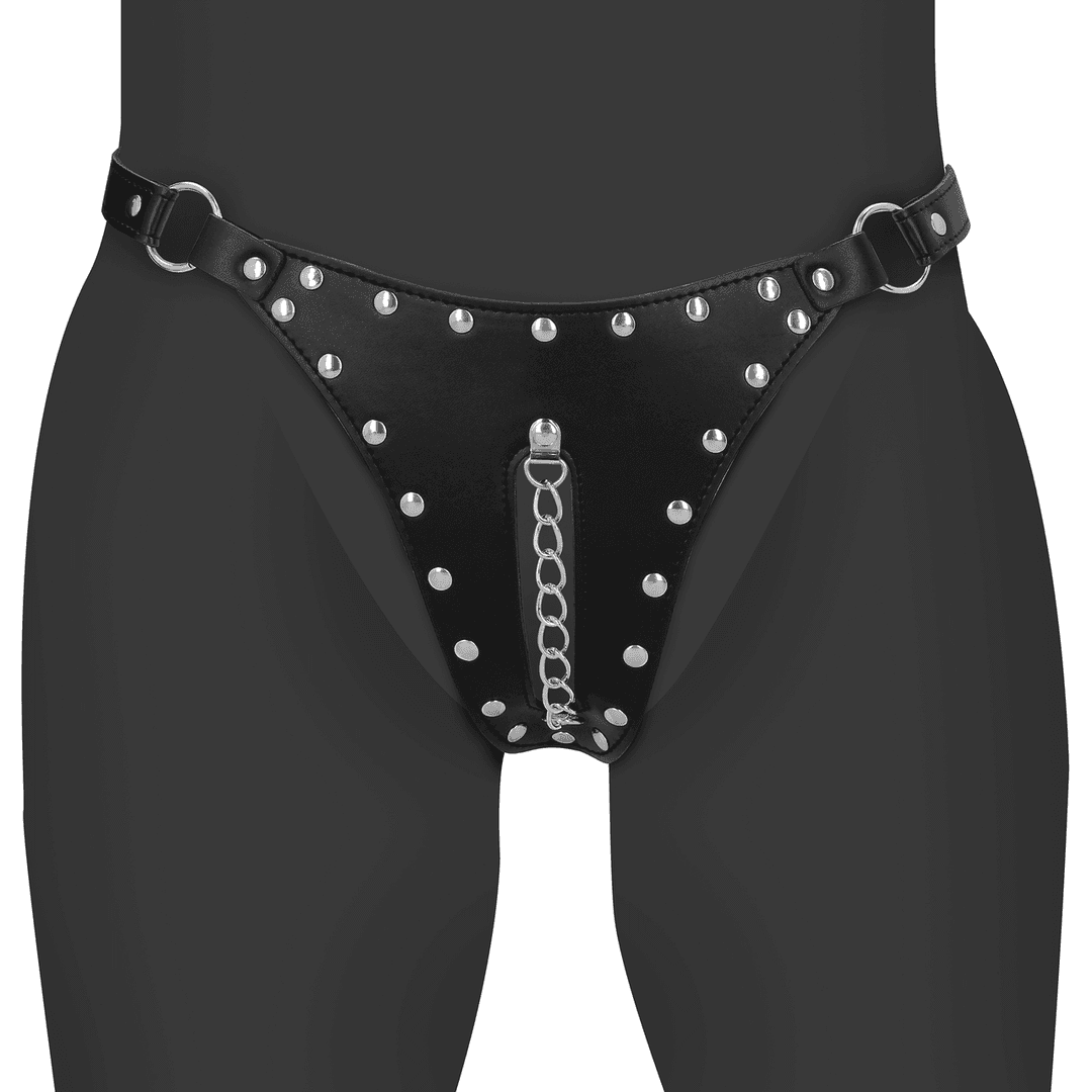 PU Leather Chastity Thong with Chain Detail - Black