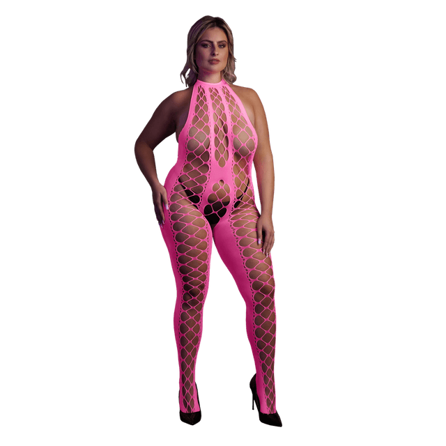 Bodystocking with Halterneck - Plus Size - Neon Pink