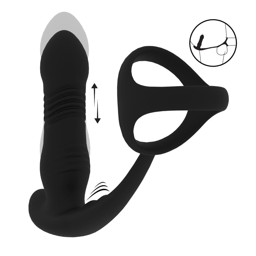 Vibrating and Thrusting Silicone Prostate Massager with Tri O Cockring - Black