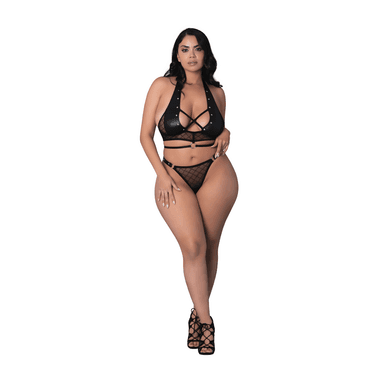 Nadia - Diamond Mesh Halter Top and Ring Thong with Rings Clasps and Studs - 2X - Black